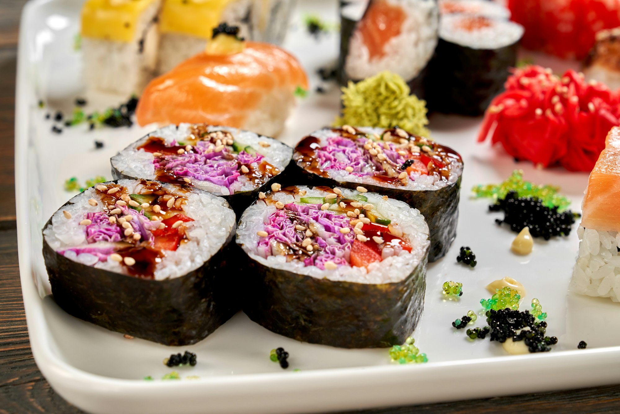 Delicious veggie rolls of sushi set